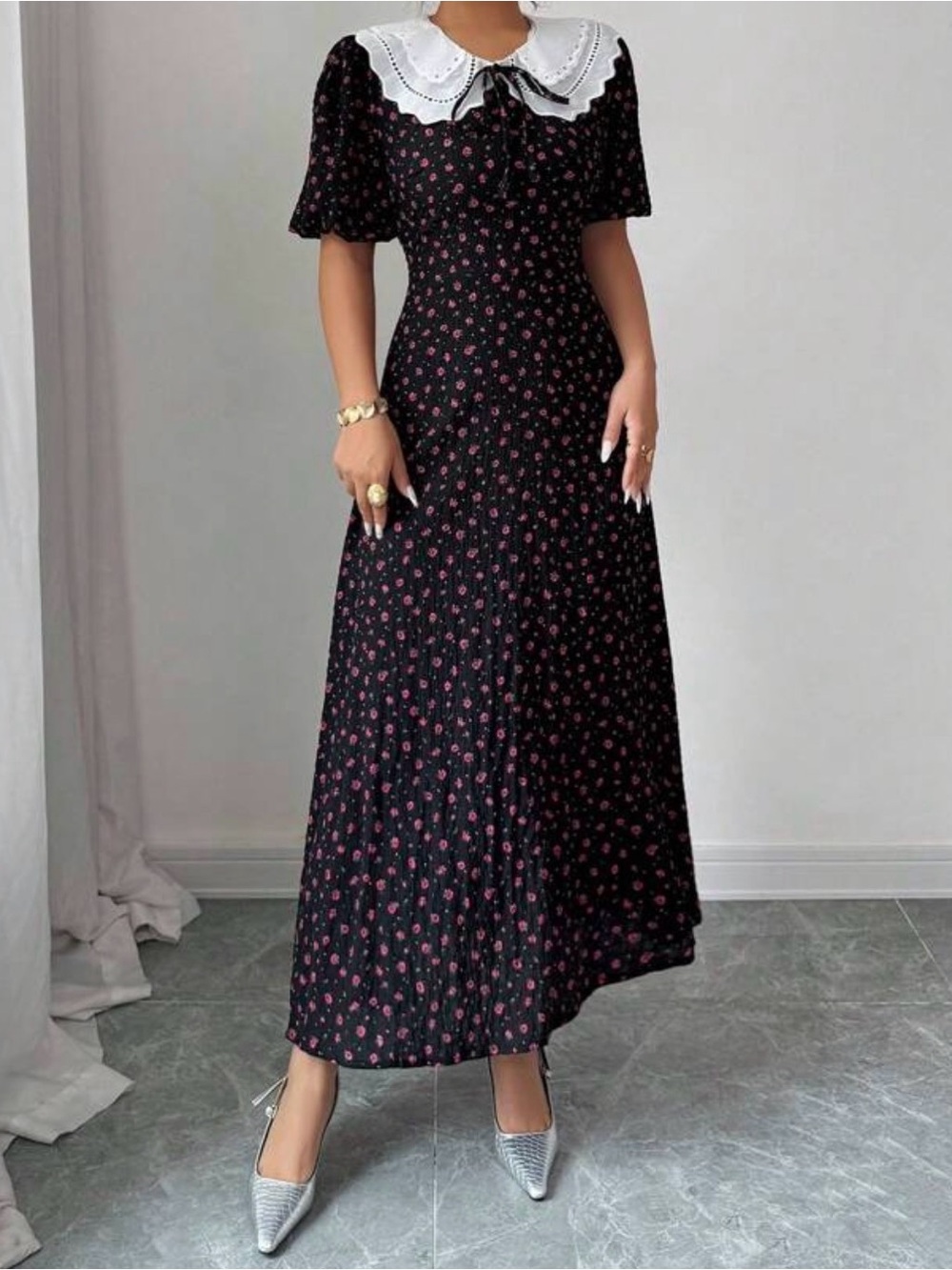 Beautiful Black Floral Maxi Dress with White Peter Pan Collar
